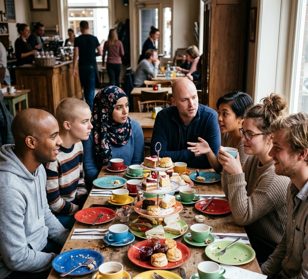 Groep jongeren aan een tafel bij een activiteit van SJK