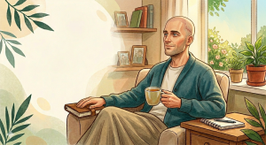 illustratie van een kale jonge man in een stoel die een kop koffie drinkt