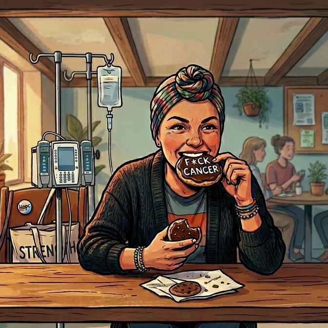 illustratie van vrouw met hoofddoekje op die een koekje eet