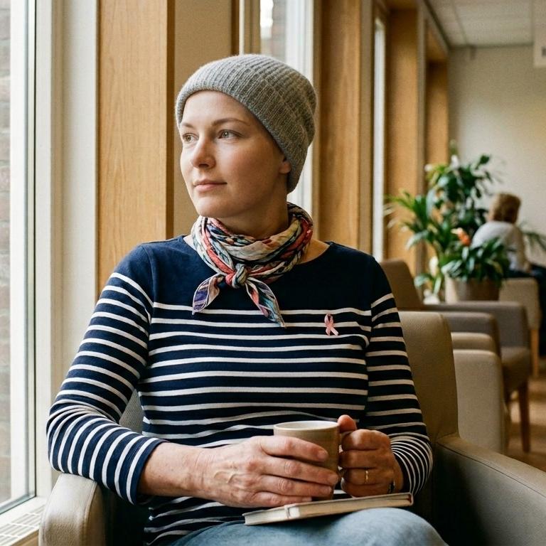 vrouw met hoofddoekje op staart uit het raam met een kop thee in haar hand